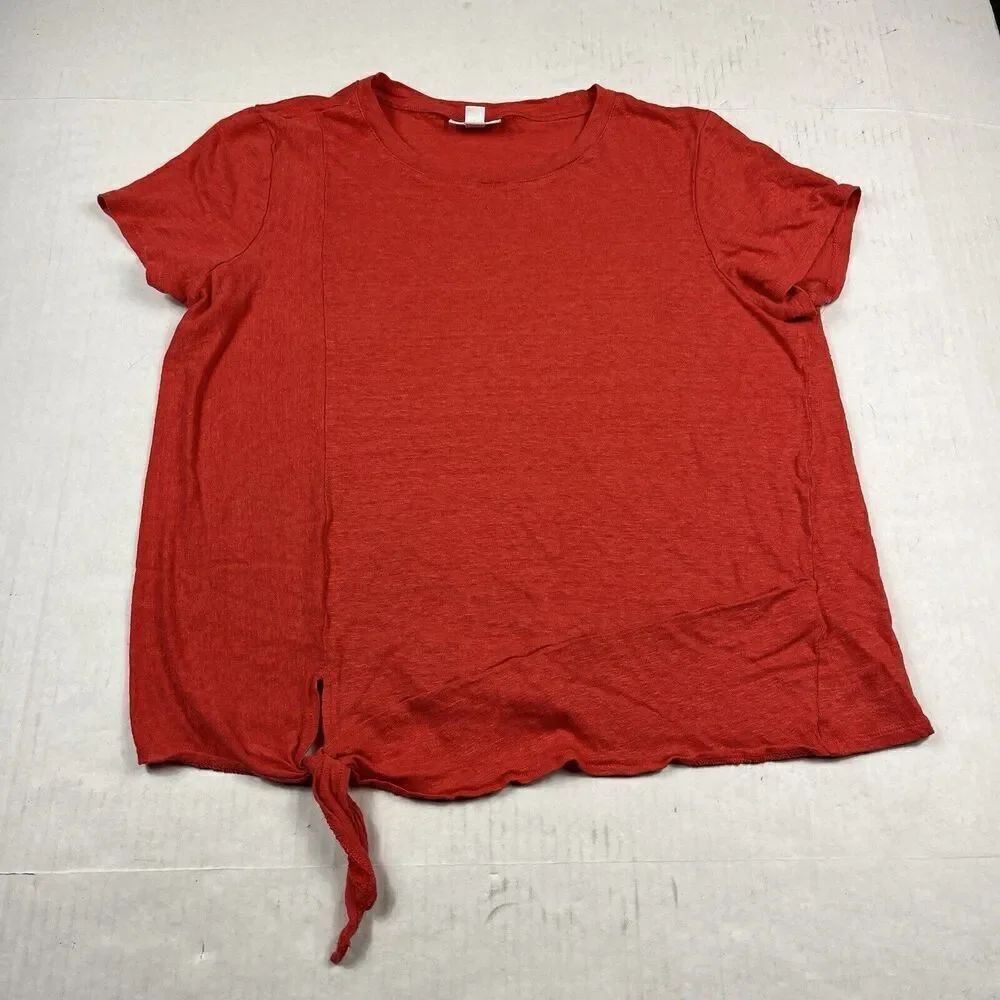 J.Jill Love Linen Top Orange Hem Tie Short Sleeve Breathable Casual Top LARGE